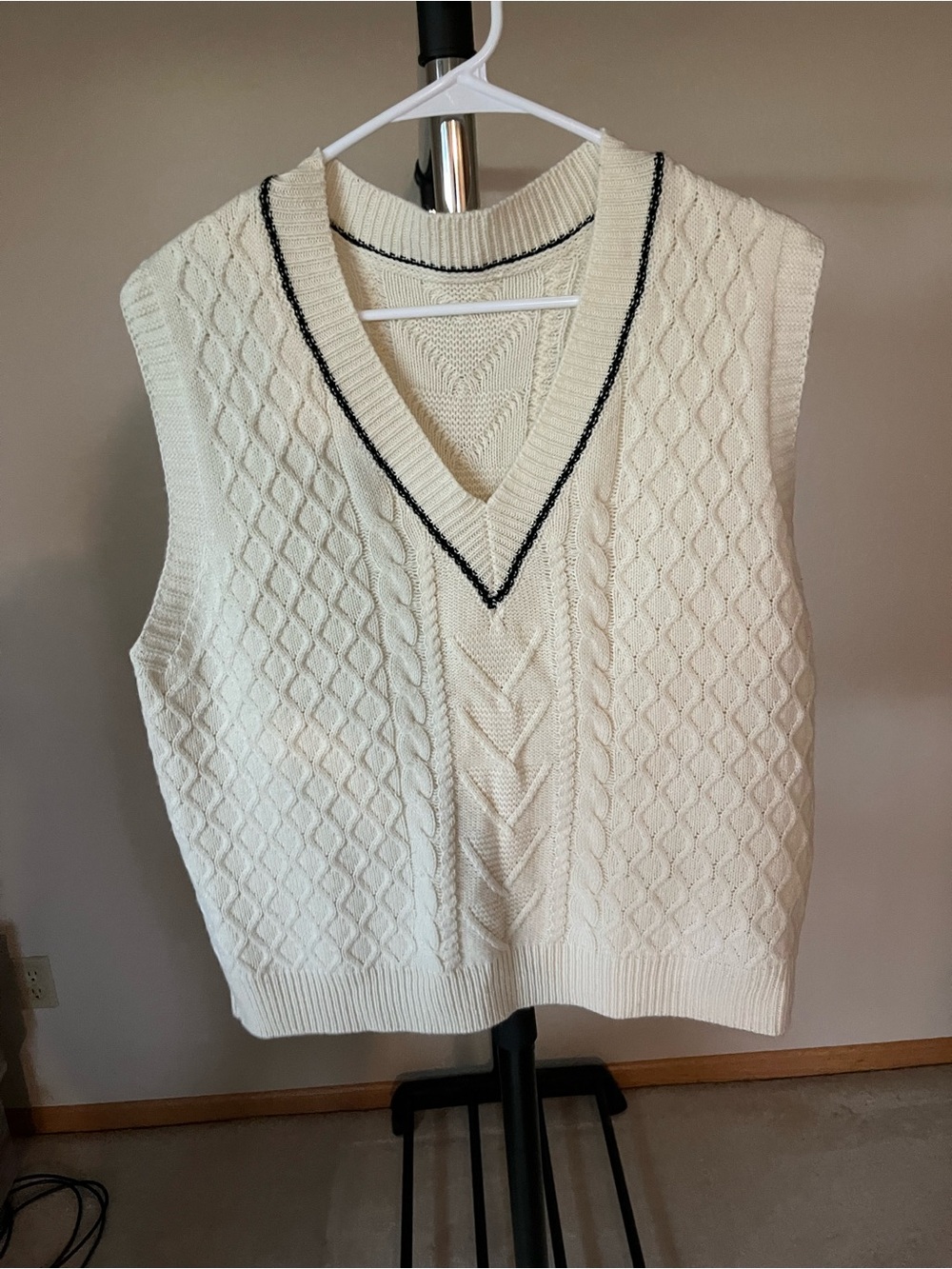 Cream Cable Knit V-Neck Sweater Vest with Contrast Trim